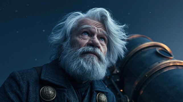 elderly man gazing at the stars with telescope