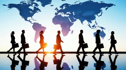 Obraz premium Silhouettes of business people walk in line carrying briefcases with world map background. They travel globally for work and business trips during sunrise or sunset with reflections on floor.