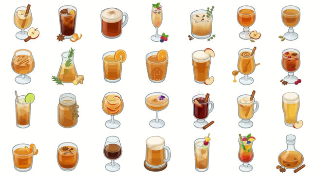 Vector Icons Watercolor illustration set of autumn and winter cocktails and drinks isolated on white background. EPS Editable