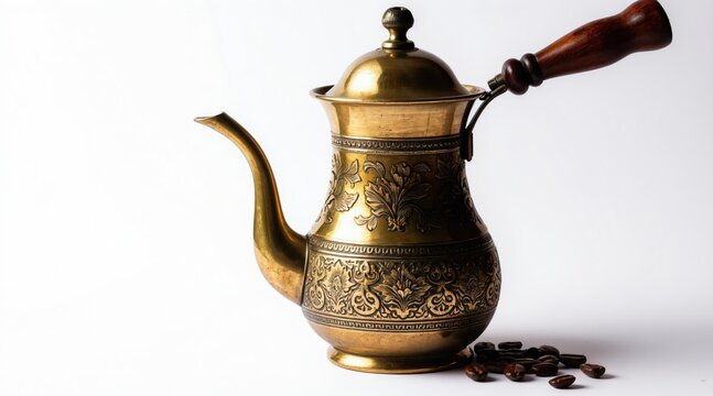 Ornate antique brass cezve with wooden handle sits with roasted coffee beans. Traditional arabic coffee pot for brewing Turkish coffee. Old kitchen utensil.