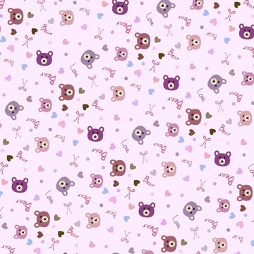 Cute seamless teddy bear pattern featuring colorful bear faces, hearts, bows, and playful typography on a pastel lavender background, perfect for baby textiles, nursery decor, wrapping paper. 