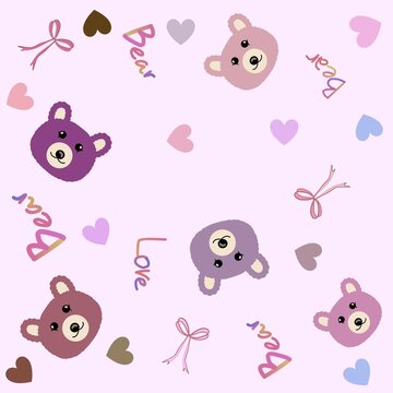Adorable seamless teddy bear pattern with cute bear faces, colorful hearts, ribbons, and playful typography on a pastel lavender background, perfect for baby fabrics, nursery decor, wrapping paper. 