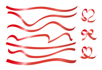 Obraz premium Shiny red ribbon vector set with flowing wavy lines and heart shapes.Glossy red ribbon bow and wavy banners for Valentine's Day and Christmas