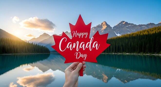 Happy canada day celebration with a hand holding a red maple leaf sign against a scenic mountain lake landscape