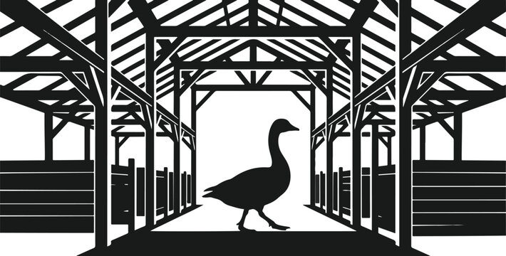 Silhouette of a goose walking through a wooden barn interior, symbolic farm animal vector illustration
