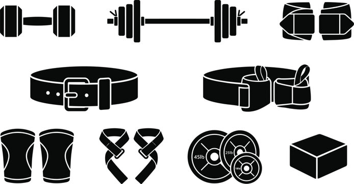 Set of black silhouette icons for powerlifting and bodybuilding equipment.
