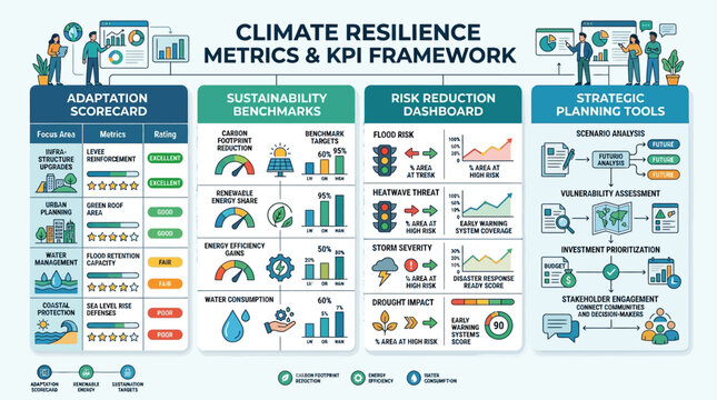 A comprehensive infographic detailing a climate resilience metrics and KPI framework, showing adaptation scorecards, sustainability benchmarks, risk reduction dashboards, and strategic planning tools.