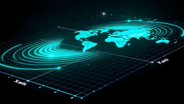 World map with glowing grid and axis