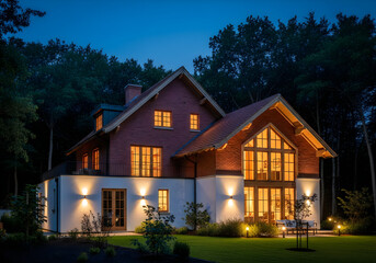 Naklejka premium Large modern house with warm lighting in a wooded area at dusk with green lawn
