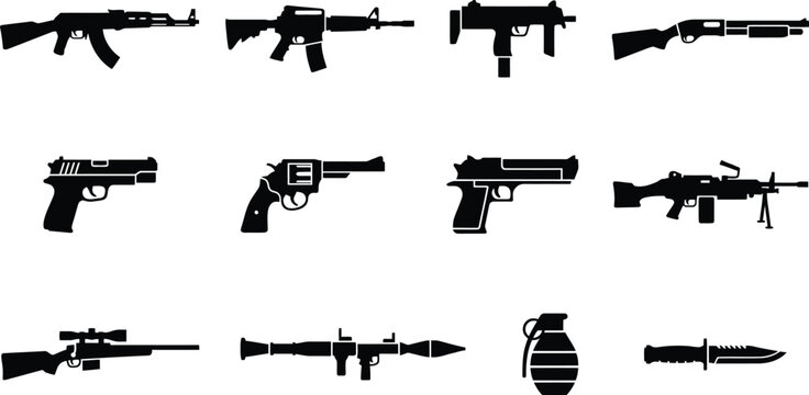 Set of Various Weapon Icons and Military Equipment Silhouettes.