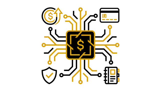 Electronic payment chip with secure financial service icons.