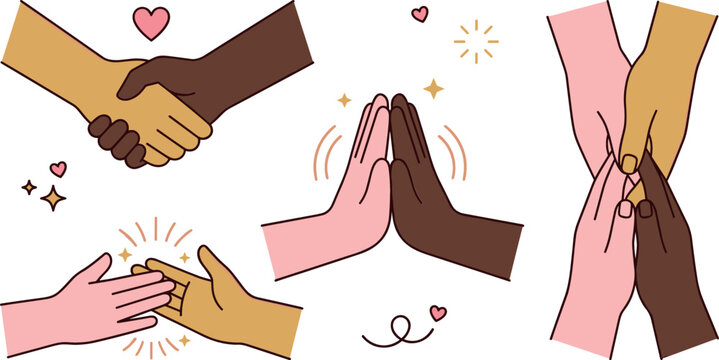 Diverse skin tone hands shaking high five and joining together multiracial teamwork partnership unity community relationship vector illustration set isolated on white