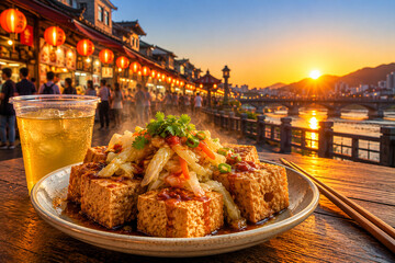 Fototapeta premium Authentic Taiwanese Stinky Tofu with Pickled Cabbage and Iced Green Tea at Traditional New Taipei Street Food Market During Sunset