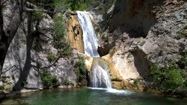 Waterfalls of Palia Kavala, Aerial Pullback Shot, Rivers Stream and Lake View