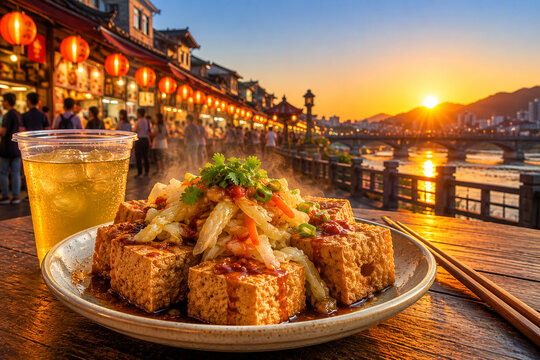 Authentic Taiwanese Stinky Tofu with Pickled Cabbage and Iced Green Tea at Traditional New Taipei Street Food Market During Sunset