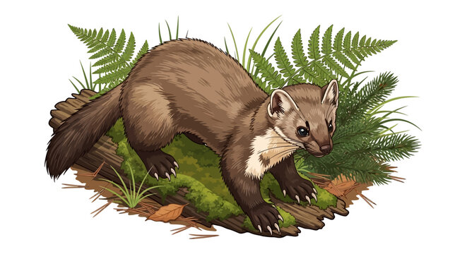 Pine marten animal in lush green forest ferns.