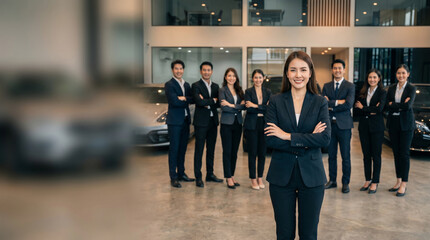 Fototapeta premium Diverse automotive professionals standing in modern car service center, led by confident female automotive engineer, with mechanics and technicians in busy workshop environment.