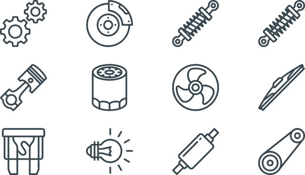 Automotive spare parts and car maintenance icon set with brake rotor piston gear line art vector