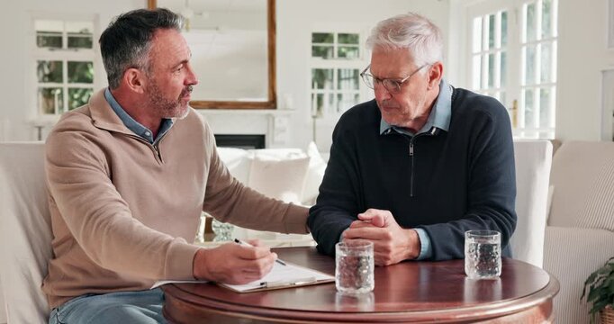 Agent, man or meeting with clipboard in home for housing options, mortgage equity or disclaimer. Realtor, mature people and disclosure paperwork for retirement planning, estate agreement and feedback