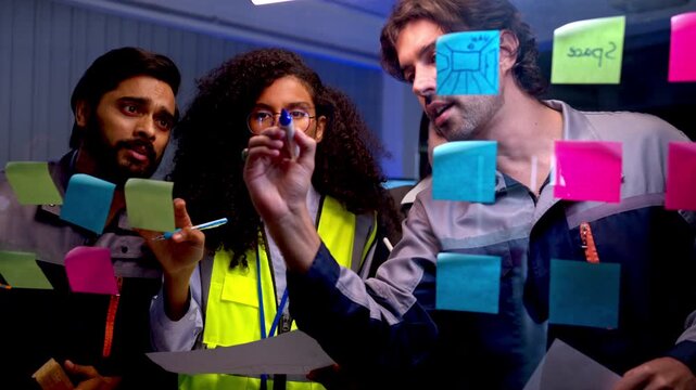 Diverse engineers and technology specialists brainstorming ideas with sticky notes and write on glass board during collaborative project planning session in modern innovation workspace
