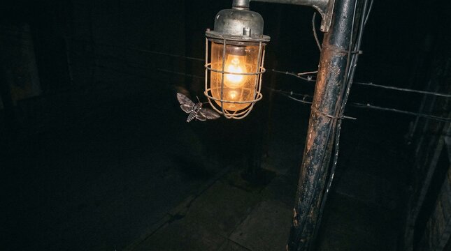 A large moth flying near a glowing industrial caged light at night.
