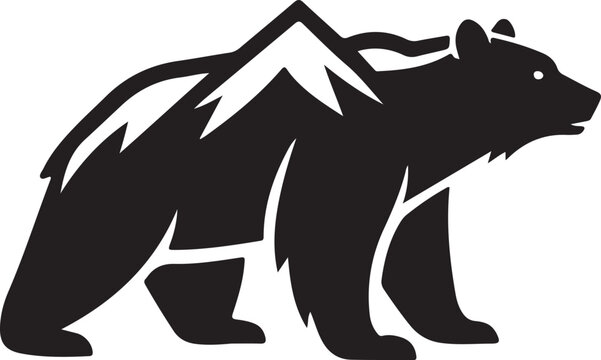 Black bear silhouette, mountain landscape, wildlife icon, vector graphic