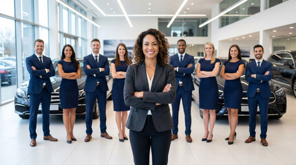 Obraz premium Diverse automotive professionals standing in modern car service center, led by confident female automotive engineer, with mechanics and technicians in busy workshop environment.