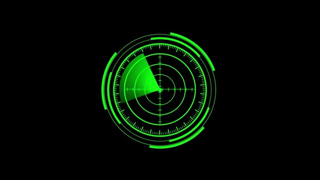 Green radar screen scanning system with spinning sweeping light beam on black background showing target search display interface for navigation surveillance technology in digital laboratory