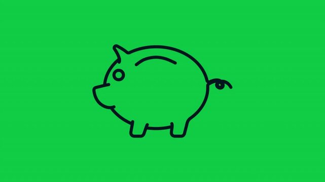 Animated piggy bank with coin outline icon, symbolizing saving, financial growth, and investment in green screen background 