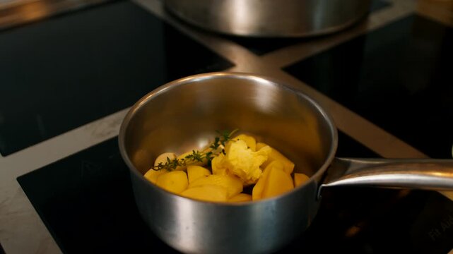 Professional chef mashing ingredients in a stainless steel pot on an induction stove. Close-up of food preparation process in a modern restaurant kitchen.