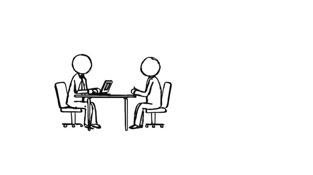 Minimalist stick figure illustration of a business meeting or job interview between two people at a desk with a laptop for corporate office concepts