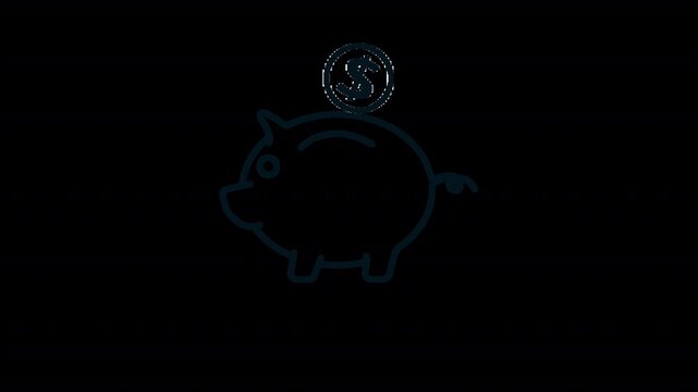 Animated piggy bank with coin outline icon, symbolizing saving, financial growth, and investment in alpha channel 