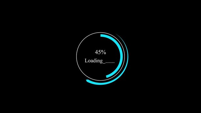 Dynamic progress bar animating with percentage count and loading text on black background, futuristic interface element showing data processing