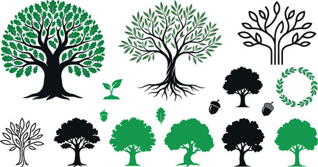 Green oak tree vector illustration set including olive branch roots laurel wreath plant sprout and black silhouette icons isolated on white background © MdShakib