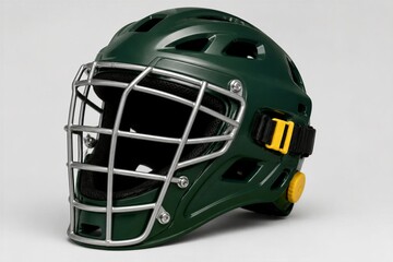 Fototapeta premium Green lacrosse helmet with metal face mask on studio backdrop