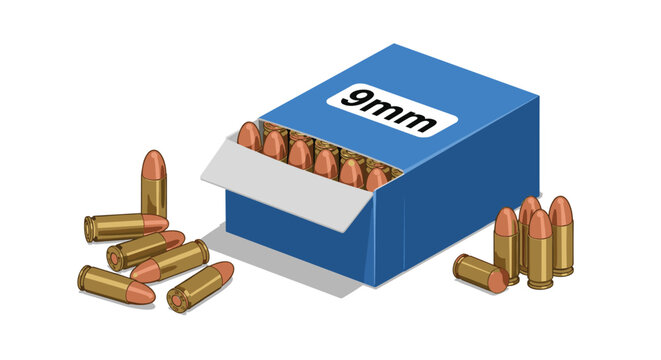 Open blue box of 9mm handgun ammunition with several copper bullets scattered around it on a clean white background for defense concept.