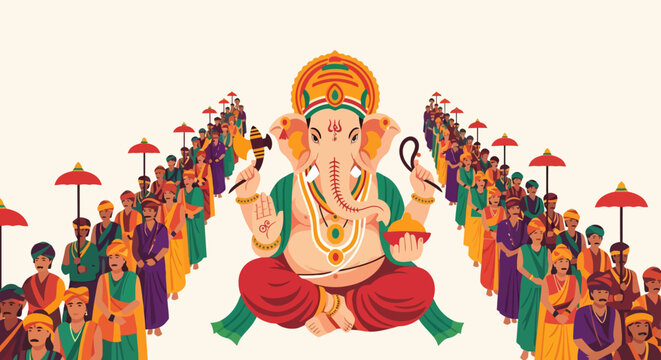 Lord Ganesha seated in procession with devotees celebrating festival.