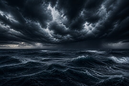 Dark storm clouds gathering over rough ocean waves at sea