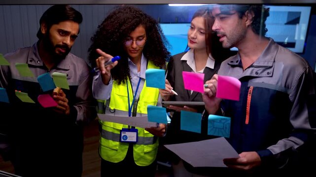 Diverse engineers and technology specialists brainstorming ideas with sticky notes and write on glass board during collaborative project planning session in modern innovation workspace