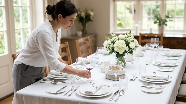 Woman Setting Formal Dining Table.