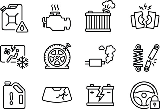 Car breakdown and vehicle malfunction icon set with overheating engine flat tire line art vector