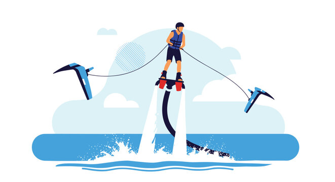 Thrilling water sports athlete performing on a flyboard with water jets propelling them above the blue ocean surface.