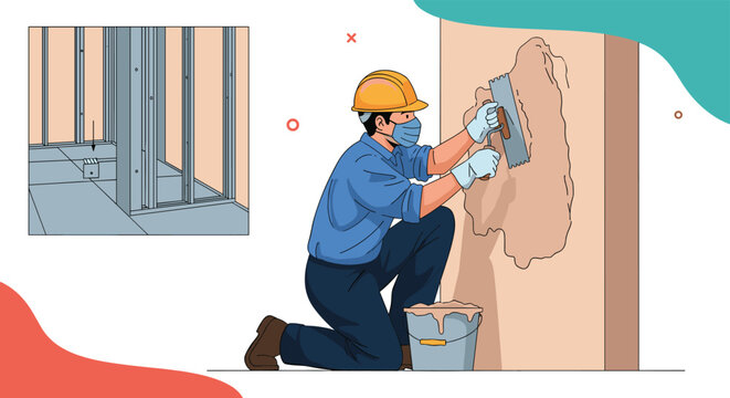 Professional builder wearing safety equipment and face mask applying plaster to a wall with a metal trowel indoors.