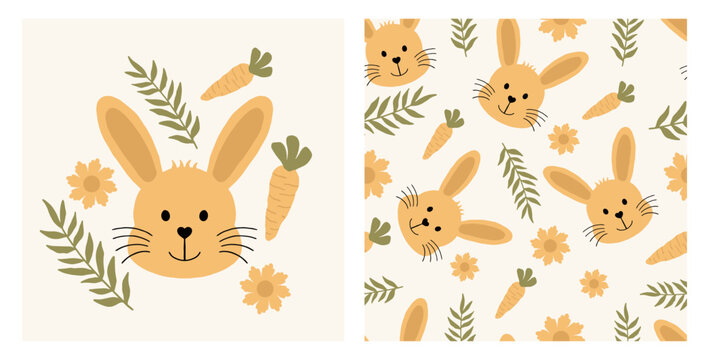 Cute bunny face with carrot and leaves seamless pattern set. Sweet little rabbit head illustration and seamless texture for kids and repeating background