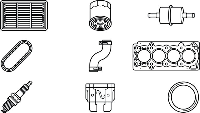 Car engine maintenance parts icon set with filters spark plug and head gasket line art vector