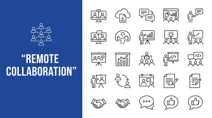 Fototapeta premium Set of thin line icons representing remote collaboration and professional digital team work communication tasks