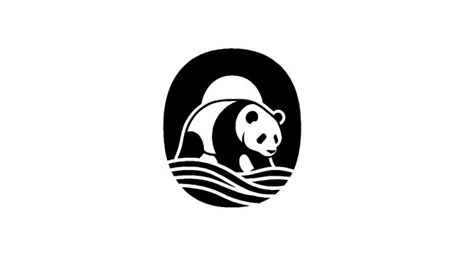Black and white panda logo with water waves design.