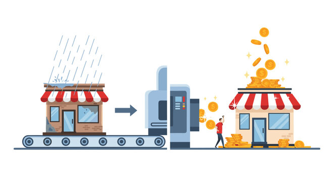 Abstract business illustration showing an old shop building being transformed into a profitable store on a factory belt.