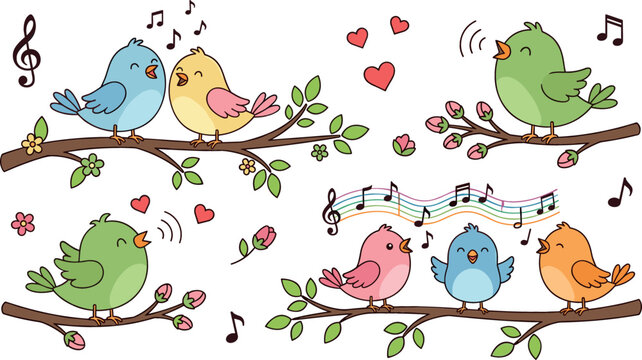 Cute cartoon singing birds perched on blooming spring tree branches with musical notes and hearts vector illustration element set isolated on white