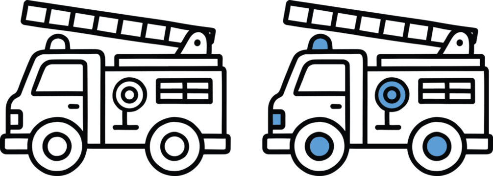 Fire truck vector icons, emergency fire engine with ladder illustration, flat line art firefighting vehicle set for safety infographics
